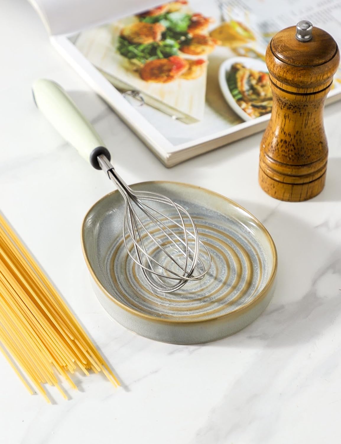 Ceramic Spoon Rest for Stove Top, Spoon Holder for Kitchen Counter, Farmhouse Cooking Utensil Holder for Spoons, Ladles, Spatula, Glazed Green