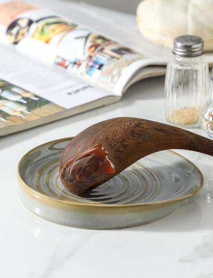 Ceramic Spoon Rest for Stove Top, Spoon Holder for Kitchen Counter, Farmhouse Cooking Utensil Holder for Spoons, Ladles, Spatula, Glazed Green