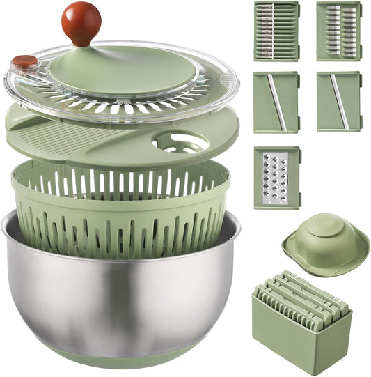 Stainless Steel Salad Spinner with Blades Slicer, Medium-sized Lettuce Veggie Fruit Spinner and Strainer, Multipurpose Vegetable Washer Dryer with Lid, Dishwasher Safe,slicing tools and shreds tools