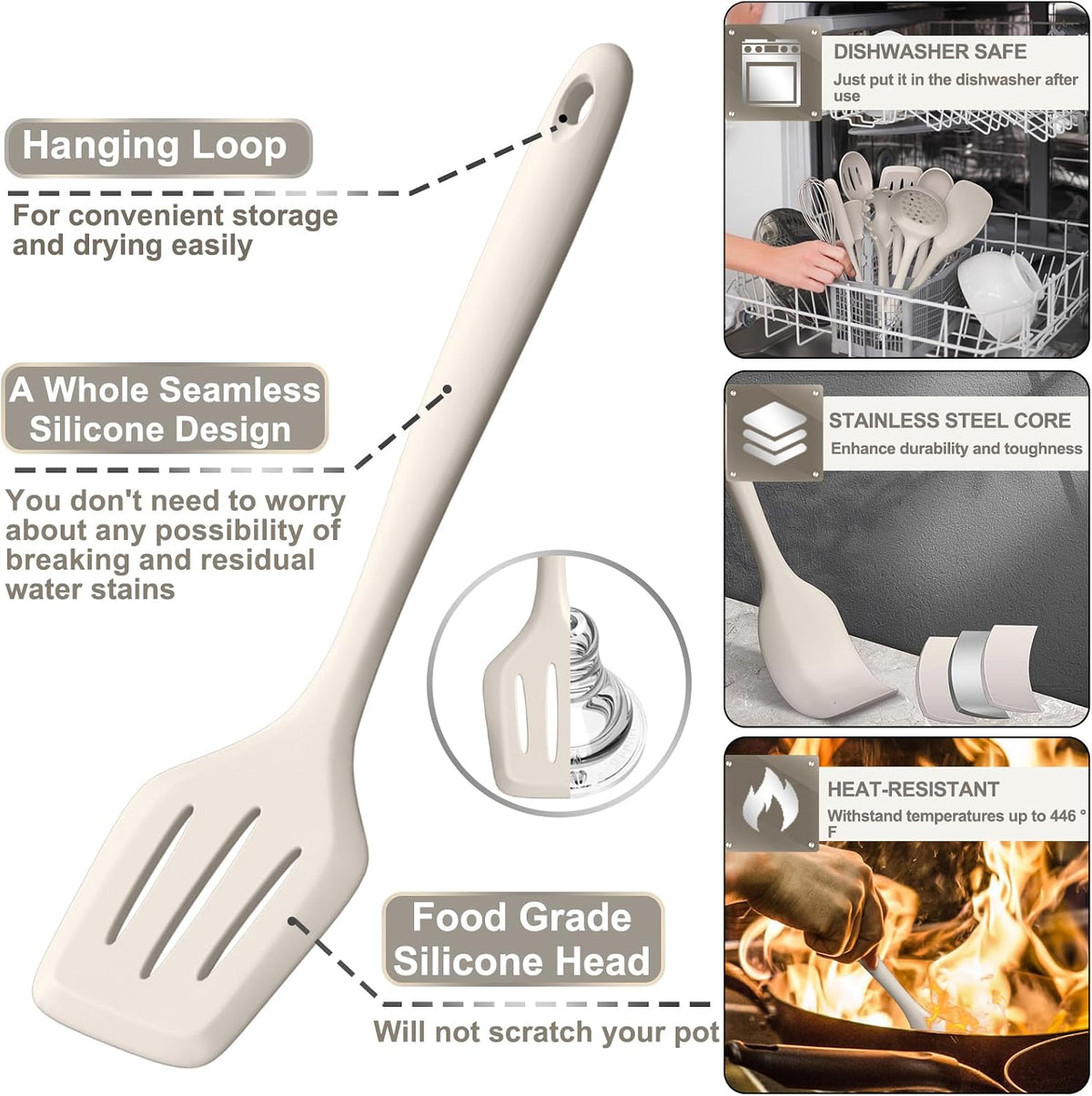 Silicone Kitchen cooking Utensils Set, 43 Pcs Heat Resistant Khaki Cooking Utensils Set, Turner, Tongs, Spoon, Spatula, Kitchen Gadgets Tools Set For Nonstick Cookware(Dishwasher, BPA Free)