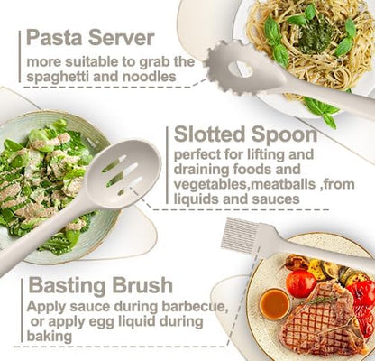 Silicone Kitchen cooking Utensils Set, 43 Pcs Heat Resistant Khaki Cooking Utensils Set, Turner, Tongs, Spoon, Spatula, Kitchen Gadgets Tools Set For Nonstick Cookware(Dishwasher, BPA Free)