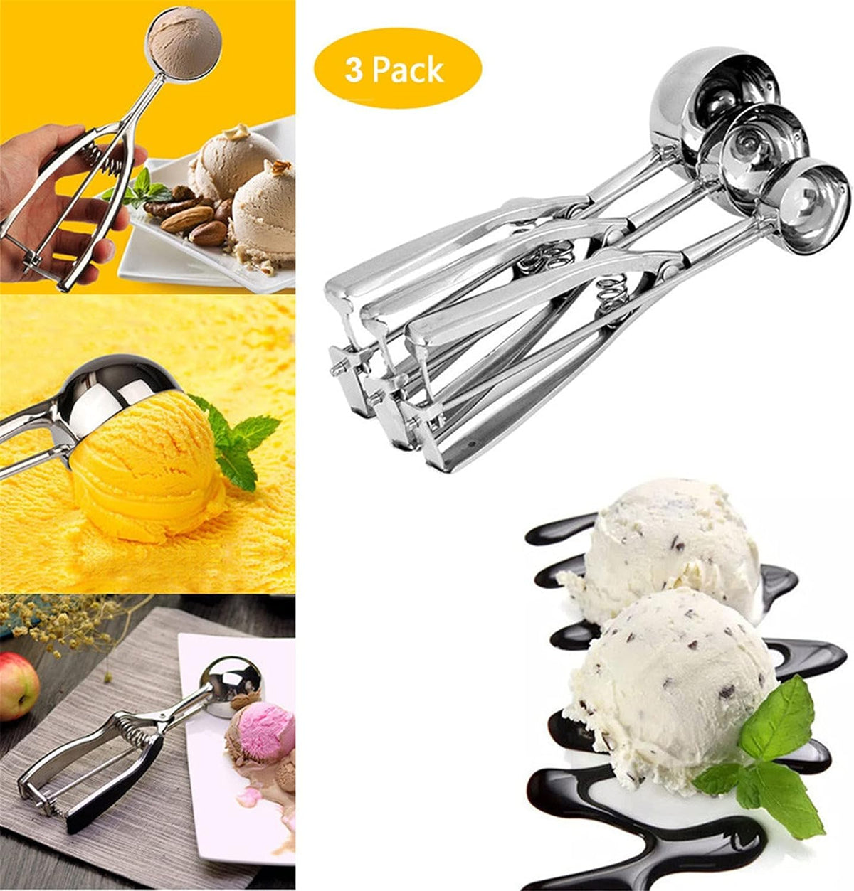 Cookie Scoops for Baking Set of 3, Stainless Steel Ice Cream Scoop, 1 Tbsp/2 Tbsp/3 Tbsp Cookie Dough Scoop for Cookie Cupcake Muffin Ice Cream