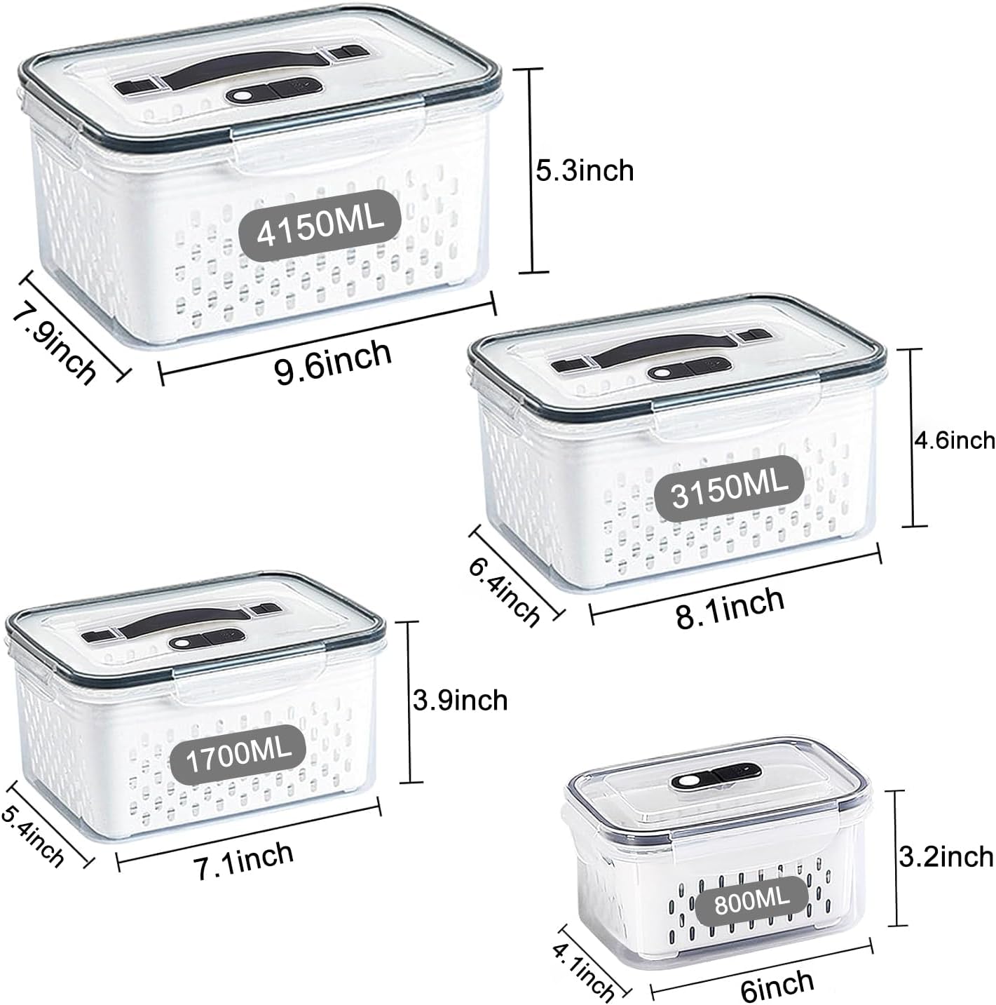 Large Fridge Food Storage Container Set with Lids with Strainer, Fruit Vegetable Storage Containers Keep Fruits, Vegetables, Berry, Meat Fresh longer, BPA-Free Plastic Produce Keepers