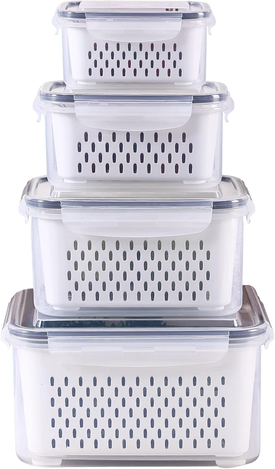 Large Fridge Food Storage Container Set with Lids with Strainer, Fruit Vegetable Storage Containers Keep Fruits, Vegetables, Berry, Meat Fresh longer, BPA-Free Plastic Produce Keepers