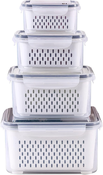 Large Fridge Food Storage Container Set with Lids with Strainer, Fruit Vegetable Storage Containers Keep Fruits, Vegetables, Berry, Meat Fresh longer, BPA-Free Plastic Produce Keepers