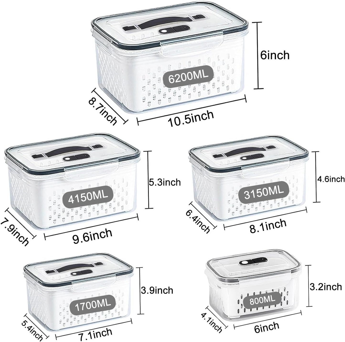 Large Fridge Food Storage Container Set with Lids with Strainer, Fruit Vegetable Storage Containers Keep Fruits, Vegetables, Berry, Meat Fresh longer, BPA-Free Plastic Produce Keepers