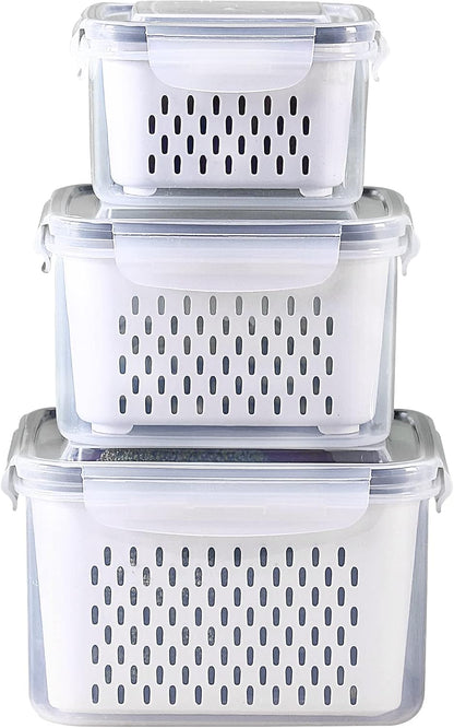 Large Fridge Food Storage Container Set with Lids with Strainer, Fruit Vegetable Storage Containers Keep Fruits, Vegetables, Berry, Meat Fresh longer, BPA-Free Plastic Produce Keepers