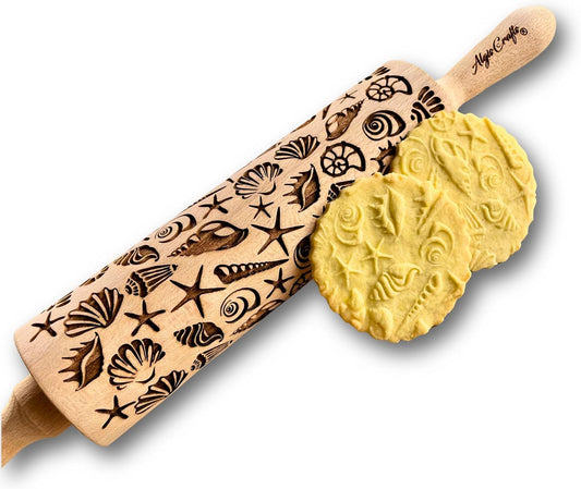 Embossing Rolling Pin SHELLS. Dough and Clay Roller for Embossed Cookies and Pottery. Cookie and Ceramic Stamp. Backing Gifts for Women