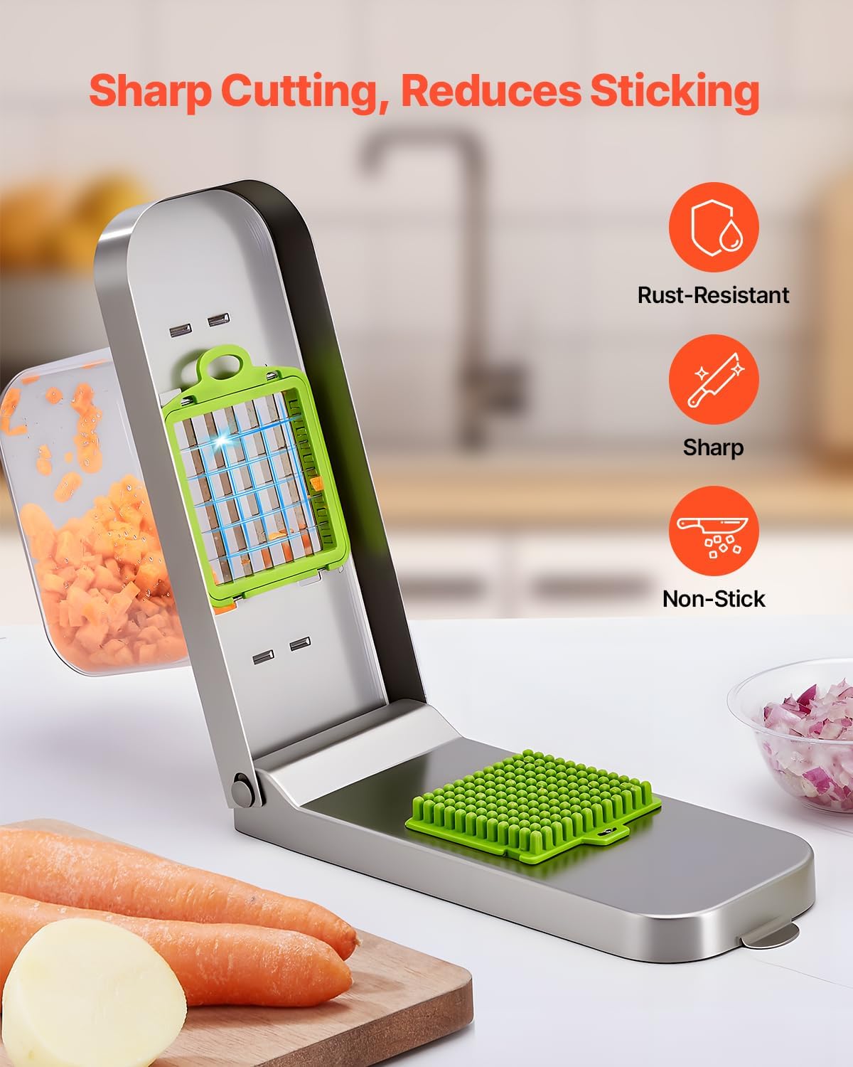 Vegetable Chopper, Food Veggie Cutter with 3 Stainless Steel Blades, Onion Slicer with Container, Salad Potato Dicer Kitchen Gadgets & Essentials Home Appliances Tools for Easy DIY, Silver