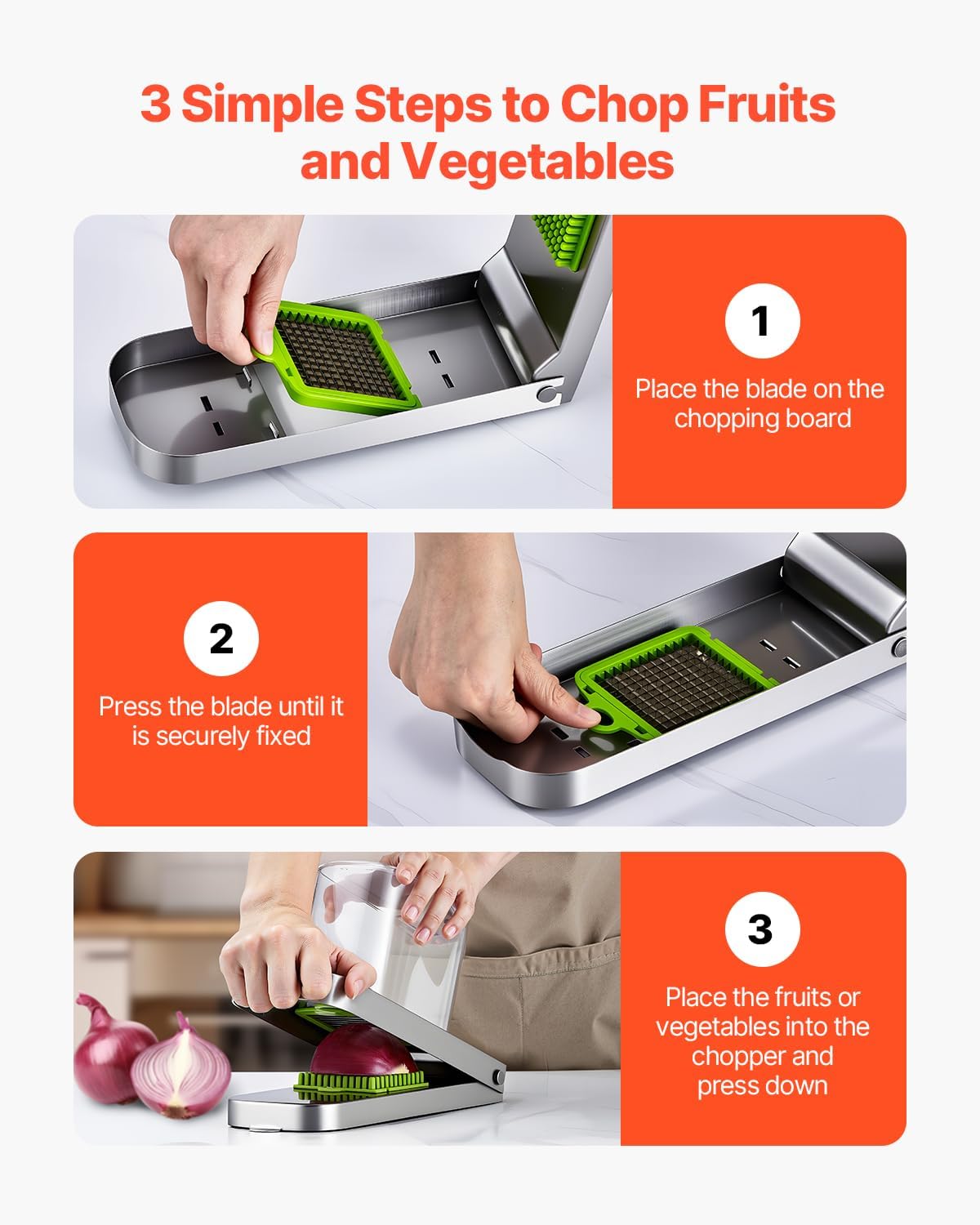 Vegetable Chopper, Food Veggie Cutter with 3 Stainless Steel Blades, Onion Slicer with Container, Salad Potato Dicer Kitchen Gadgets & Essentials Home Appliances Tools for Easy DIY, Silver