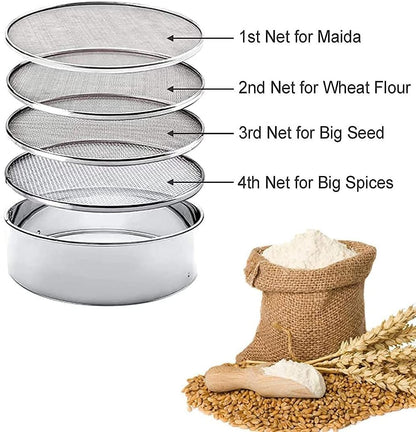 4 In 1 Stainless Steel Interchangeable Sieve Set of 5 Flour Spices Food Strainers Atta Chalni Jaali Channi Atta, Maida Strainer - Silver, Length 8 Inch, Width Height 2.5 Inch