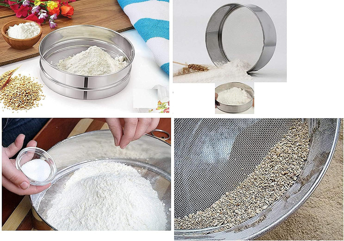 4 In 1 Stainless Steel Interchangeable Sieve Set of 5 Flour Spices Food Strainers Atta Chalni Jaali Channi Atta, Maida Strainer - Silver, Length 8 Inch, Width Height 2.5 Inch