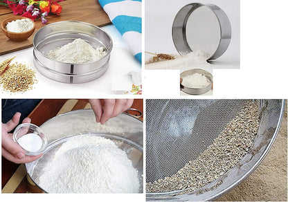 4 In 1 Stainless Steel Interchangeable Sieve Set of 5 Flour Spices Food Strainers Atta Chalni Jaali Channi Atta, Maida Strainer - Silver, Length 8 Inch, Width Height 2.5 Inch
