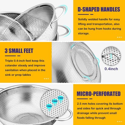 Stainless Steel Colander Set of 3 (1-3-5Quart), Micro-Perforated Metal Colander Strainer with Handle for Kitchen/Draining Pasta/Rinsing Vegetables Fruits, Heavy Duty & Dishwasher Safe