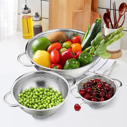 Stainless Steel Colander Set of 3 (1-3-5Quart), Micro-Perforated Metal Colander Strainer with Handle for Kitchen/Draining Pasta/Rinsing Vegetables Fruits, Heavy Duty & Dishwasher Safe