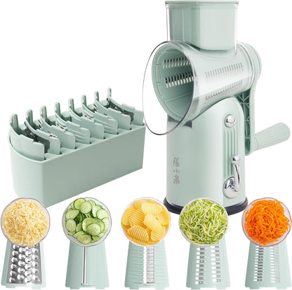 Rotary Cheese Grater 5 Blades Mandoline Slicer for Vegetable, Green