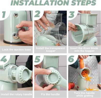 Rotary Cheese Grater 5 Blades Mandoline Slicer for Vegetable, Green