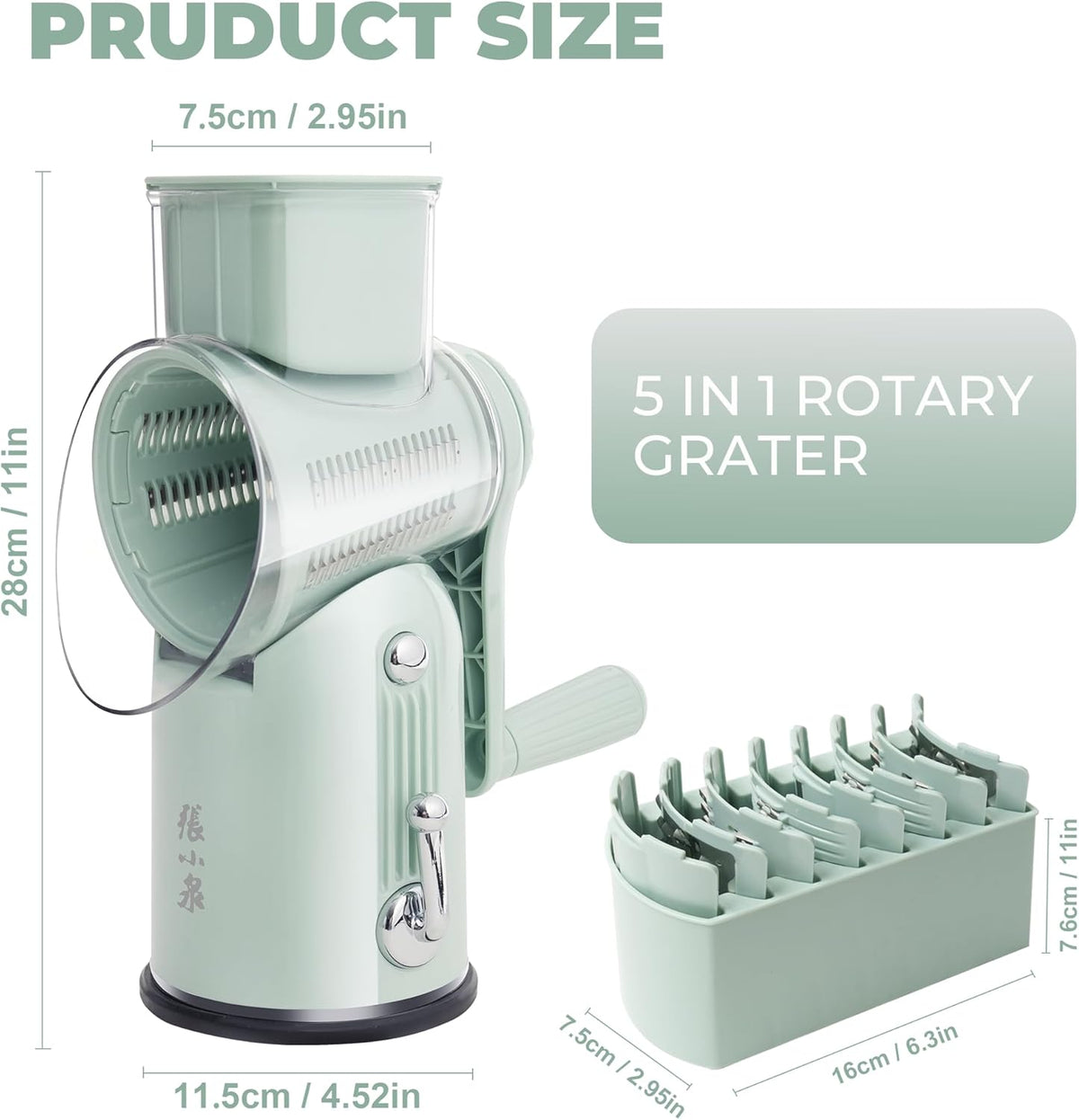 Rotary Cheese Grater 5 Blades Mandoline Slicer for Vegetable, Green