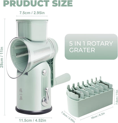 Rotary Cheese Grater 5 Blades Mandoline Slicer for Vegetable, Green