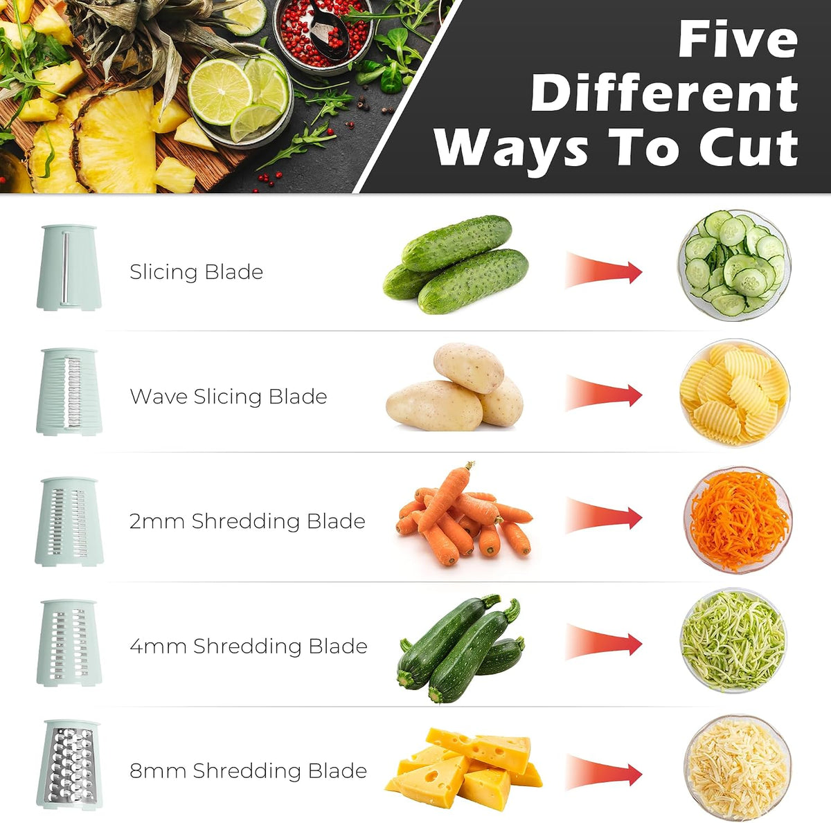 Rotary Cheese Grater 5 Blades Mandoline Slicer for Vegetable, Green