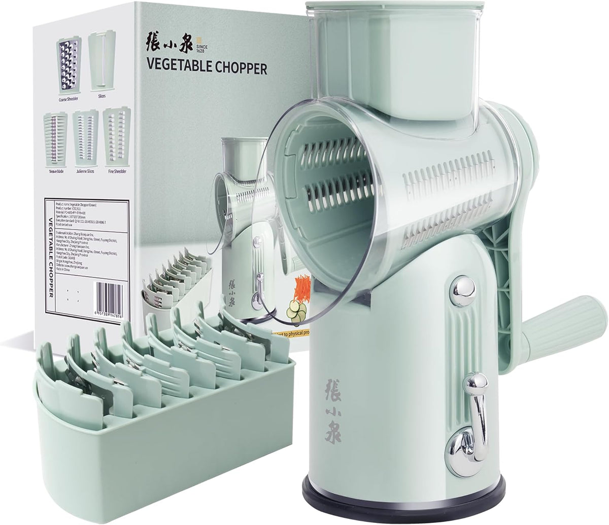 Rotary Cheese Grater 5 Blades Mandoline Slicer for Vegetable, Green