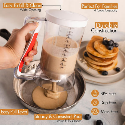 Mess-Free Pancakes Pourer & Cupcake Batter Dispenser | 4 Cup Capacity | Precision Pour Control & Easy-Squeeze Handle | BPA-Free Kitchen Tool for Waffles, Crepes & Muffins