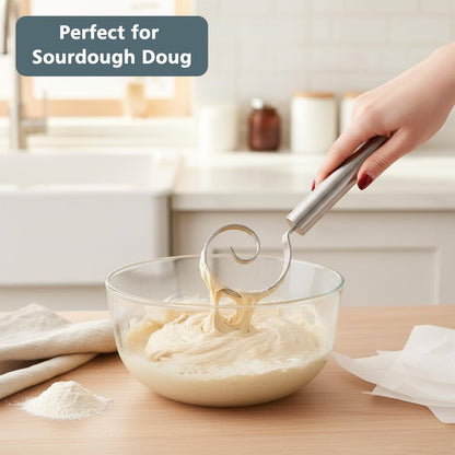 11 Inch Seamless Danish Dough Whisk, Stainless Steel Dough Whisk Tool for Sourdough, Cookies, Pizza, Pastry, Dishwasher Safe Dough Hook, with Bread Scoring Knife and 5 Blades