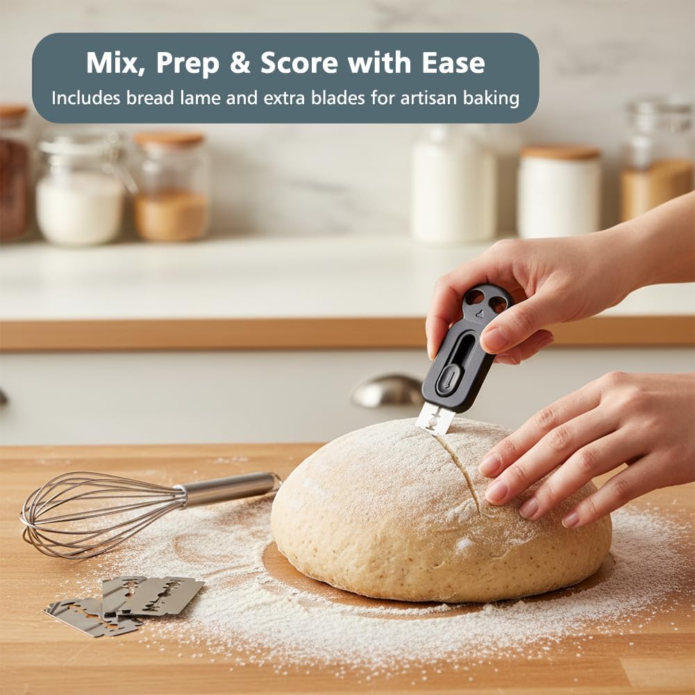 11 Inch Seamless Danish Dough Whisk, Stainless Steel Dough Whisk Tool for Sourdough, Cookies, Pizza, Pastry, Dishwasher Safe Dough Hook, with Bread Scoring Knife and 5 Blades