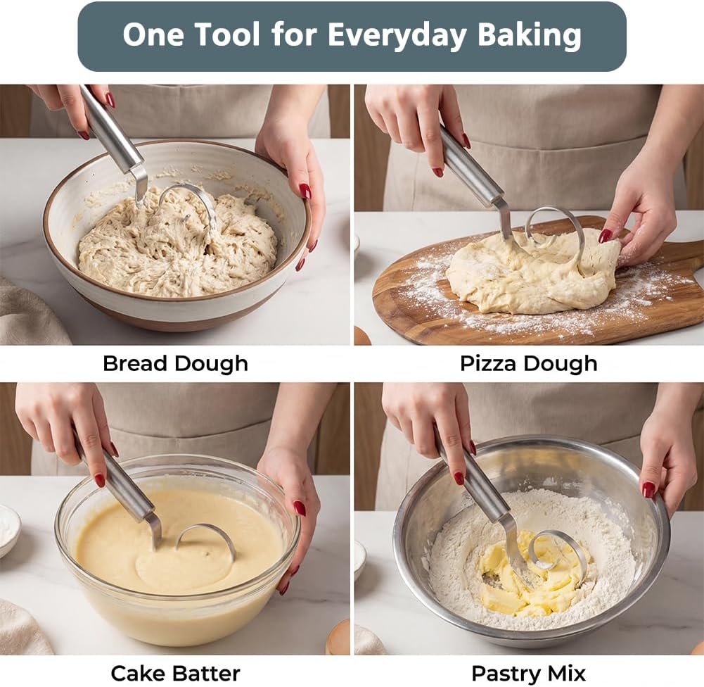 11 Inch Seamless Danish Dough Whisk, Stainless Steel Dough Whisk Tool for Sourdough, Cookies, Pizza, Pastry, Dishwasher Safe Dough Hook, with Bread Scoring Knife and 5 Blades