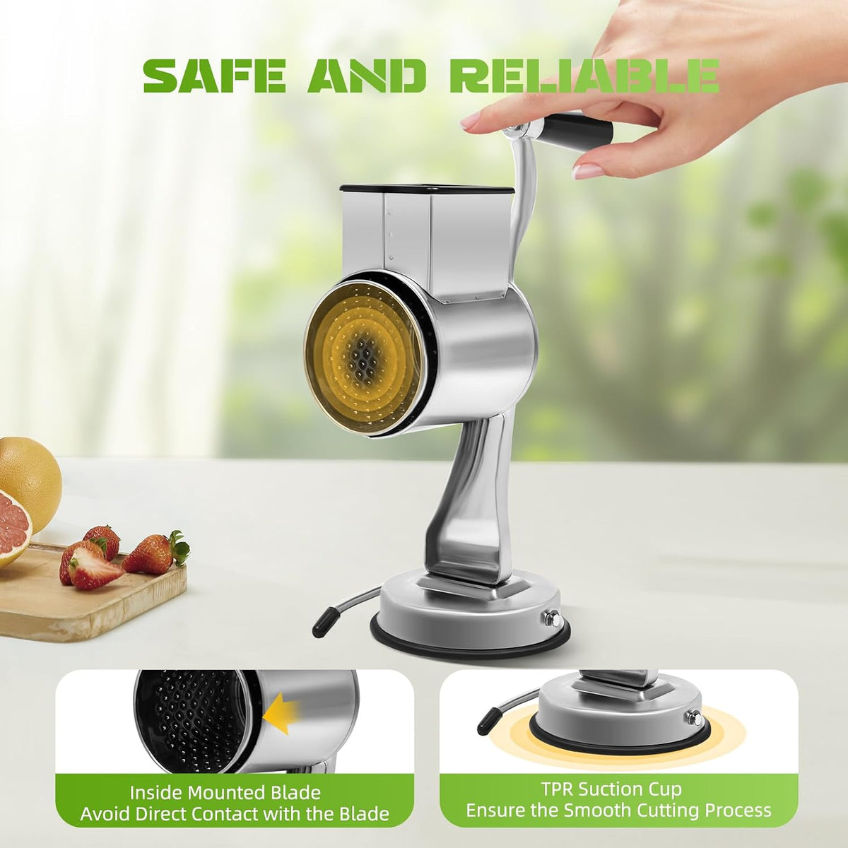5 in 1 Rotary Cheese Grater Hand Crank Cheese Shredder Slicer Grinder 5 Stainless Steel Blades, Stable Suction, for Nuts, Chocolate, Garlic, Ginger, Vegetable, Easy to Clean