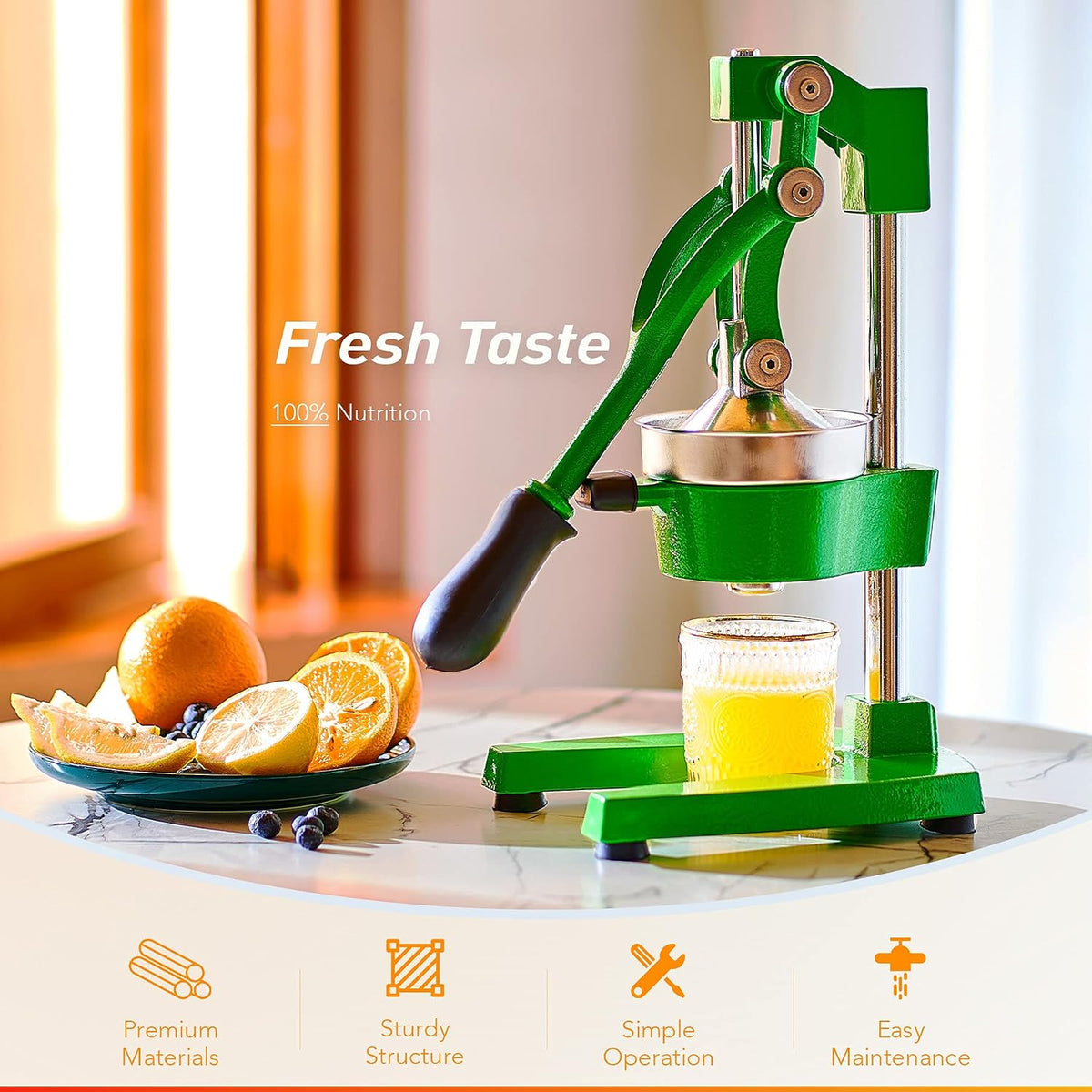 Manual Citrus Juicer - Professional Orange, Lemon, Lime & Pom Juice Extractor, Easy to Clean, Yellow