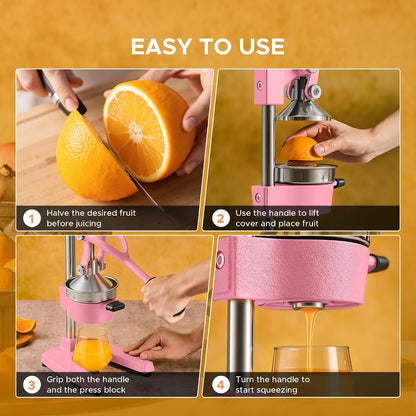 Manual Citrus Juicer - Professional Orange, Lemon, Lime & Pom Juice Extractor, Easy to Clean, Yellow