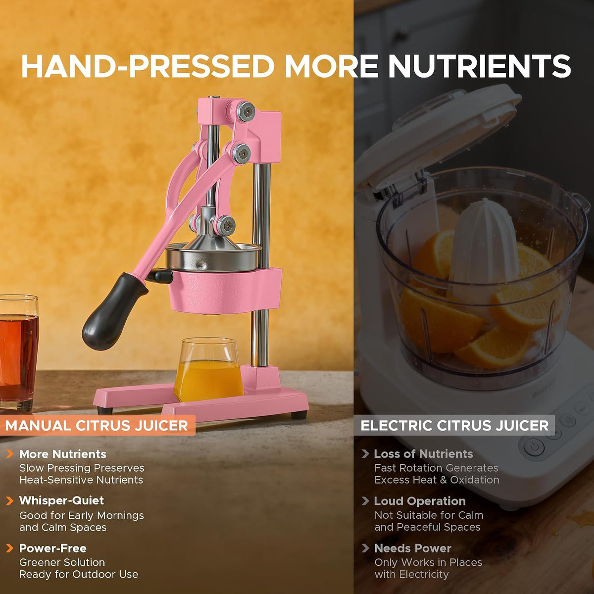 Manual Citrus Juicer - Professional Orange, Lemon, Lime & Pom Juice Extractor, Easy to Clean, Yellow
