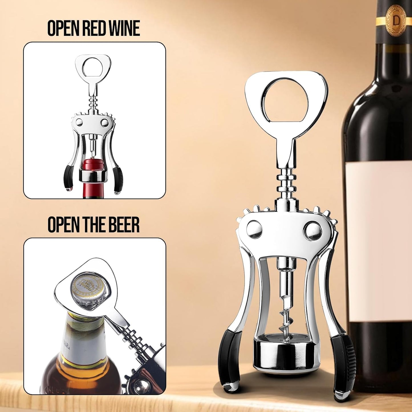 Wine Opener, Zinc Alloy Premium Wing Corkscrew with Multifunctional Bottles Opener, Sharp Wine Corkscrew with Ergonomic Non-Slip Wing Handle, Upgrade