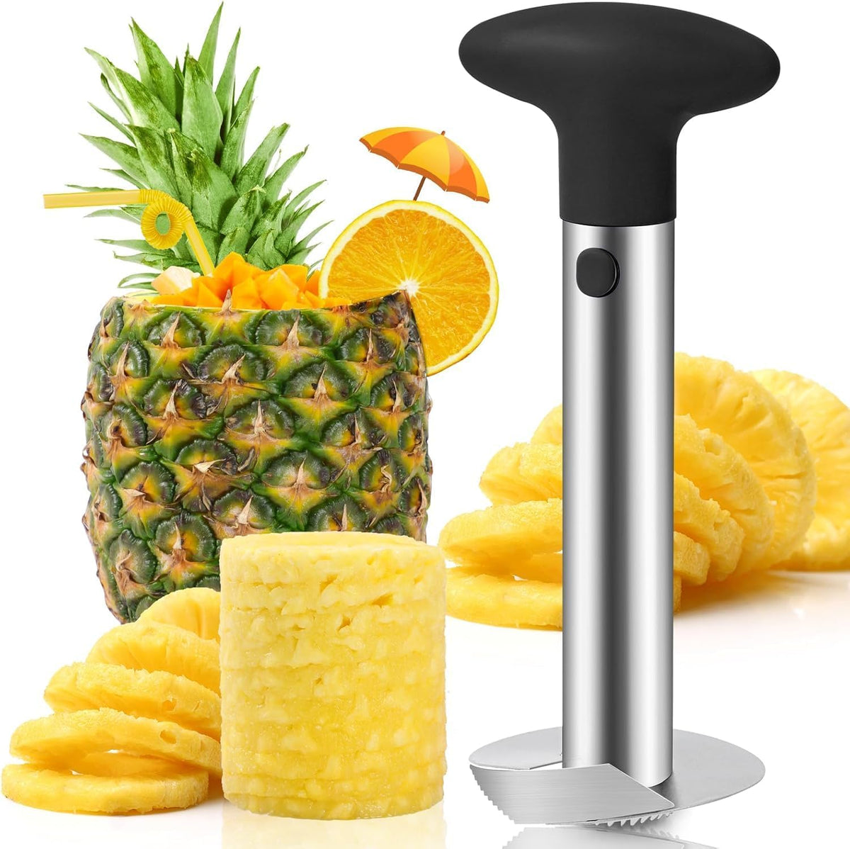 Pineapple Corer and Slicer – Stainless Steel Pineapple Cutter with Thick Sharp Blade and Ergonomic Handle – Easy to Use Pineapple Core Remover Tool for Perfect Fruit Rings (Black)