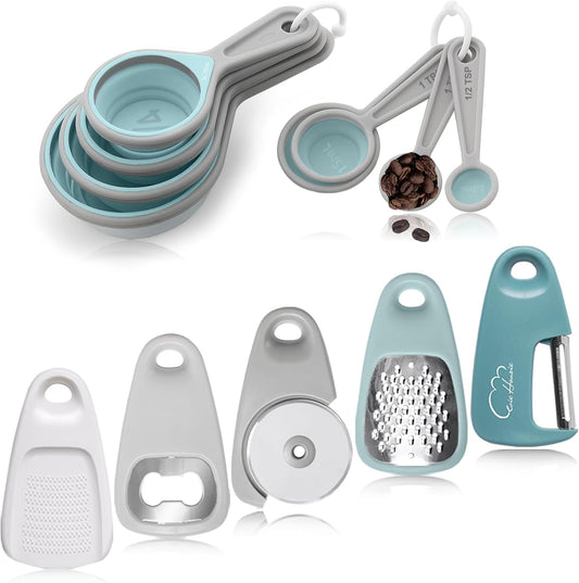 Kitchen Gadgets Set 13 Piece, Space Saving Cooking Tools Includes Cheese Grater, Pizza Cutter, Peeler, Bottle Opener, Garlic Grinder, Collapsible Measuring Cups Spoons for Small Kitchen RV Camp