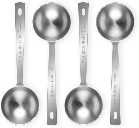 4Pcs 1 Tbsp 15ml Stainless Steel Long Handle Coffee Measuring Scoop | Stainless Steel, Precise 1 Tbsp Measure, Long Handle, For Ground Coffee Tea Spice Powder, Dishwasher Safe, Multi-Use Scoop