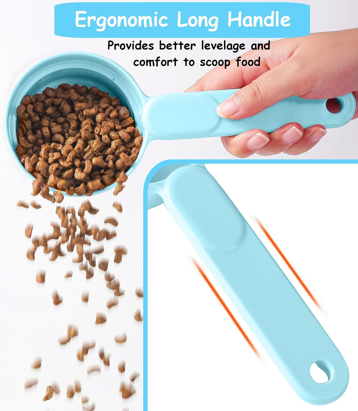 Dog Cat Food Scoop - Pet Food Scoop Dog Food Measuring Cup 1/2 1/4 Cup, Comfortable Long Handle for Easy to Scoop Food, Blue 1/2 Cup