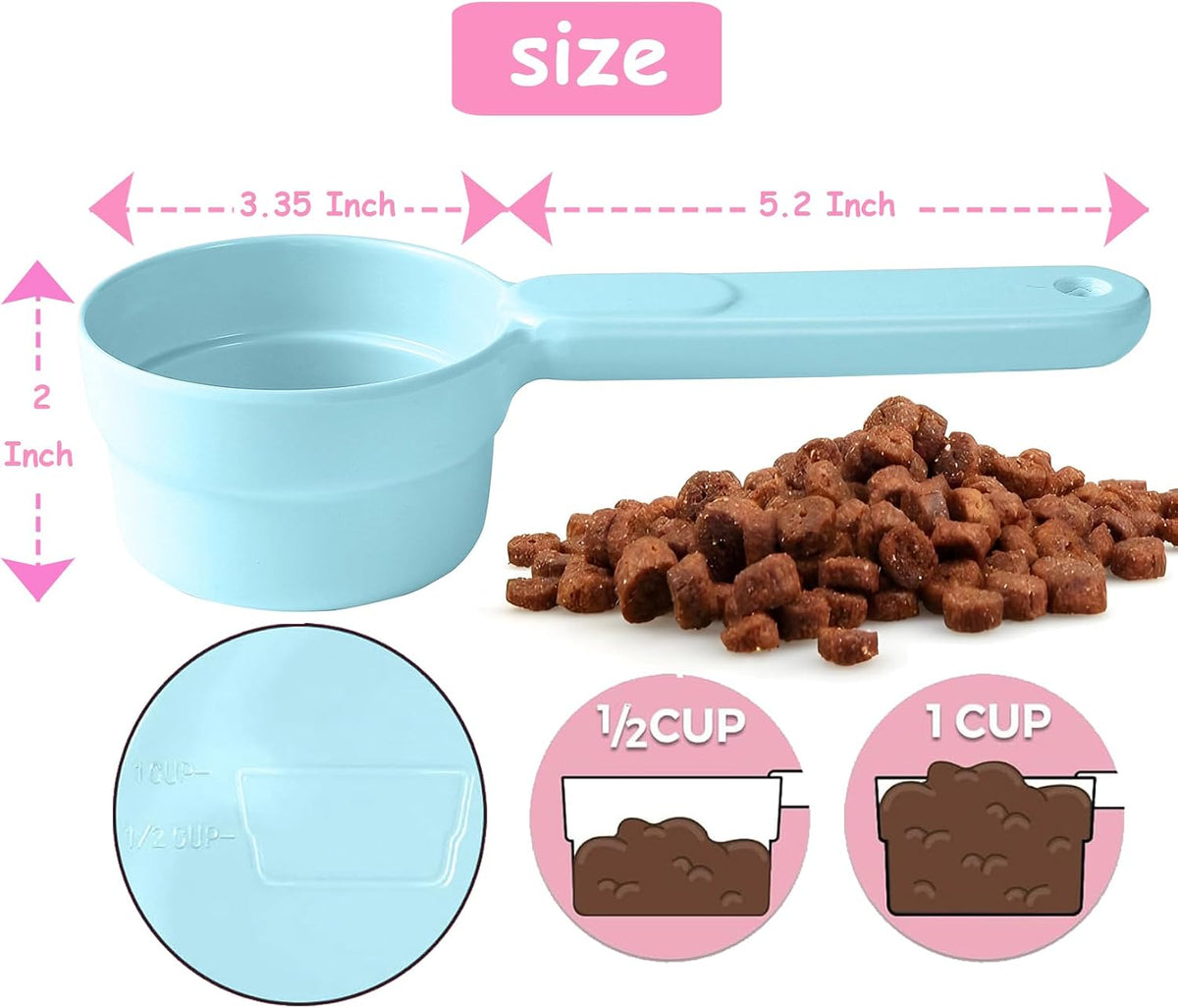Dog Cat Food Scoop - Pet Food Scoop Dog Food Measuring Cup 1/2 1/4 Cup, Comfortable Long Handle for Easy to Scoop Food, Blue 1/2 Cup