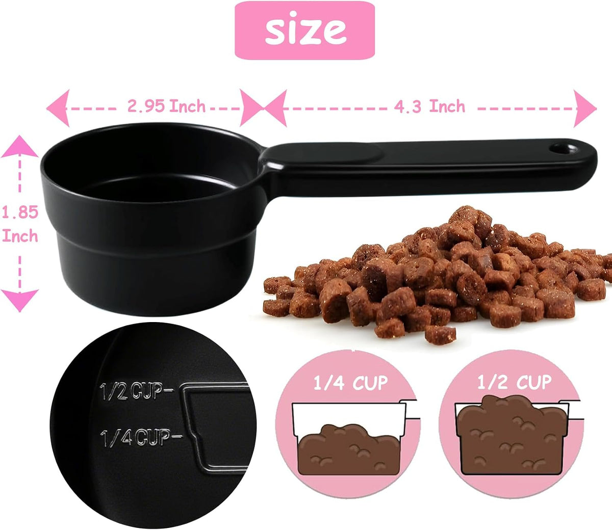 Dog Cat Food Scoop - Pet Food Scoop Dog Food Measuring Cup 1/2 1/4 Cup, Comfortable Long Handle for Easy to Scoop Food, Blue 1/2 Cup