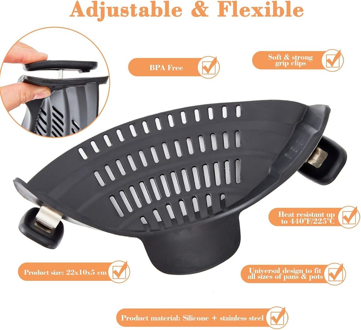 Silicone Clip On Strainer for Pots and Pans - Heat Resistant, Food, Noodle, Meat, Fruits, Vegetables and Pasta Strainer - Versatile Kitchen Gadget and Colander (Black)