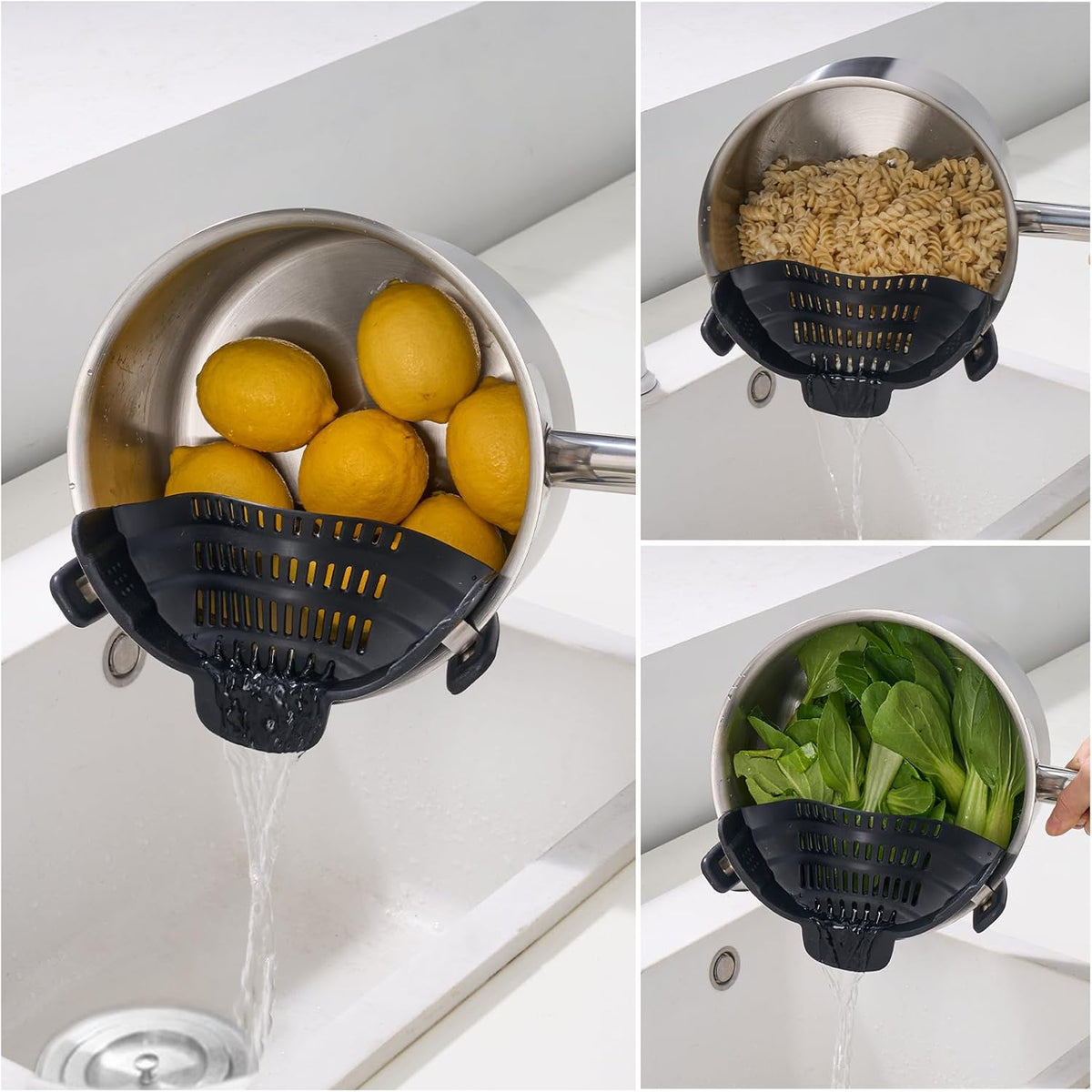 Silicone Clip On Strainer for Pots and Pans - Heat Resistant, Food, Noodle, Meat, Fruits, Vegetables and Pasta Strainer - Versatile Kitchen Gadget and Colander (Black)