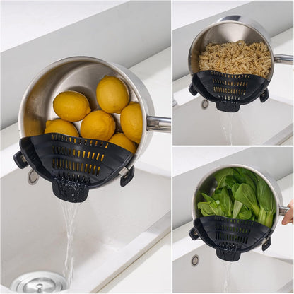 Silicone Clip On Strainer for Pots and Pans - Heat Resistant, Food, Noodle, Meat, Fruits, Vegetables and Pasta Strainer - Versatile Kitchen Gadget and Colander (Black)