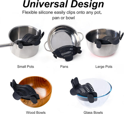 Silicone Clip On Strainer for Pots and Pans - Heat Resistant, Food, Noodle, Meat, Fruits, Vegetables and Pasta Strainer - Versatile Kitchen Gadget and Colander (Black)
