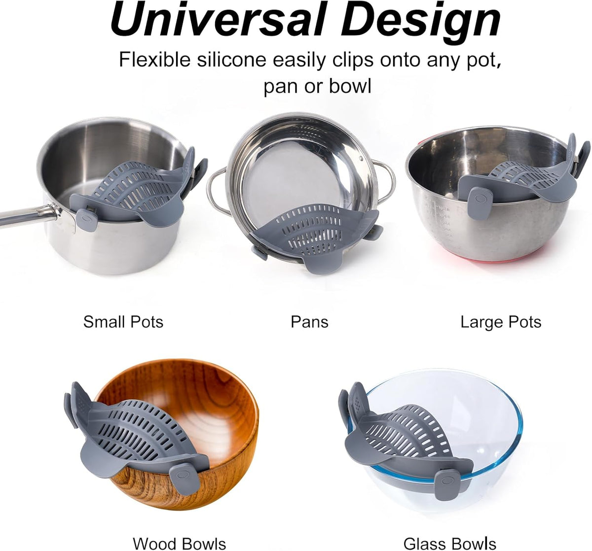 Silicone Clip On Strainer for Pots and Pans - Heat Resistant, Food, Noodle, Meat, Fruits, Vegetables and Pasta Strainer - Versatile Kitchen Gadget and Colander (Black)