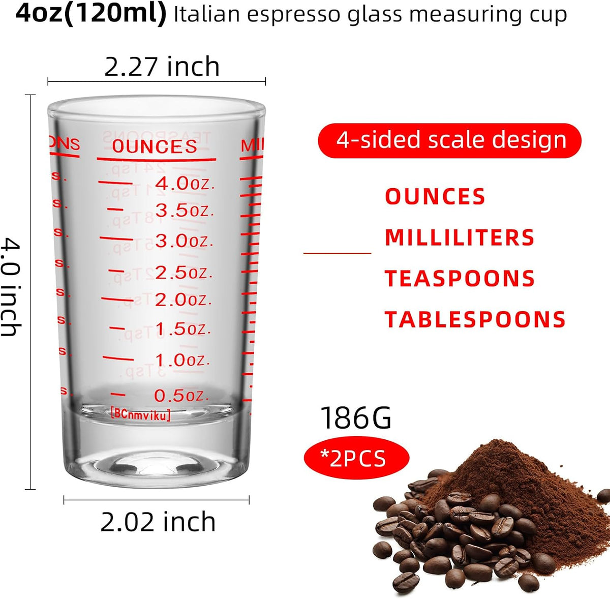 2Pcs Shot Glass Measuring Cup, 4 Ounce Heavy Base Jigger, Espresso Shot Glasses, Liquid Cup, Round Shot Glasses, Small Cups for Vodka, Whiskey, Tequila, Espresso, Liquor (2, Red)