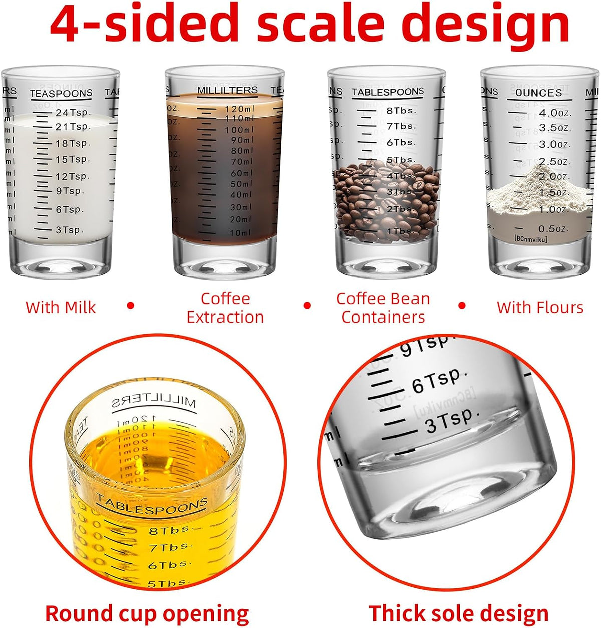 2Pcs Shot Glass Measuring Cup, 4 Ounce Heavy Base Jigger, Espresso Shot Glasses, Liquid Cup, Round Shot Glasses, Small Cups for Vodka, Whiskey, Tequila, Espresso, Liquor (2, Red)