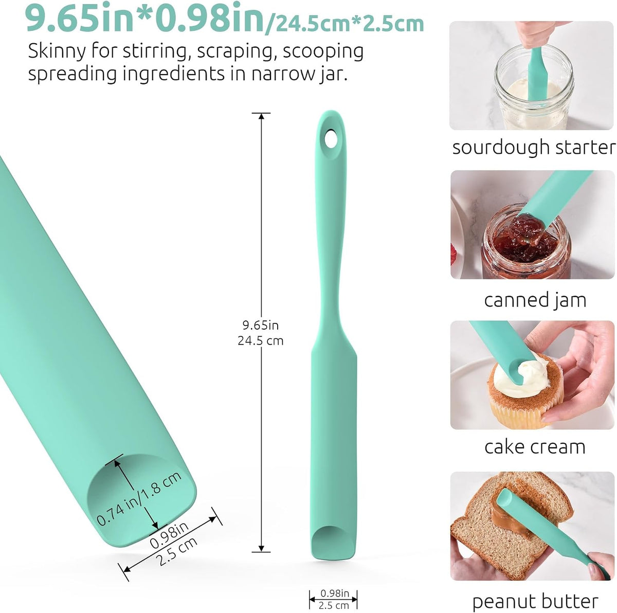 Skinny Silicone Jar Spatula Scraper, 10in Sourdough Tool, Aqua Sky