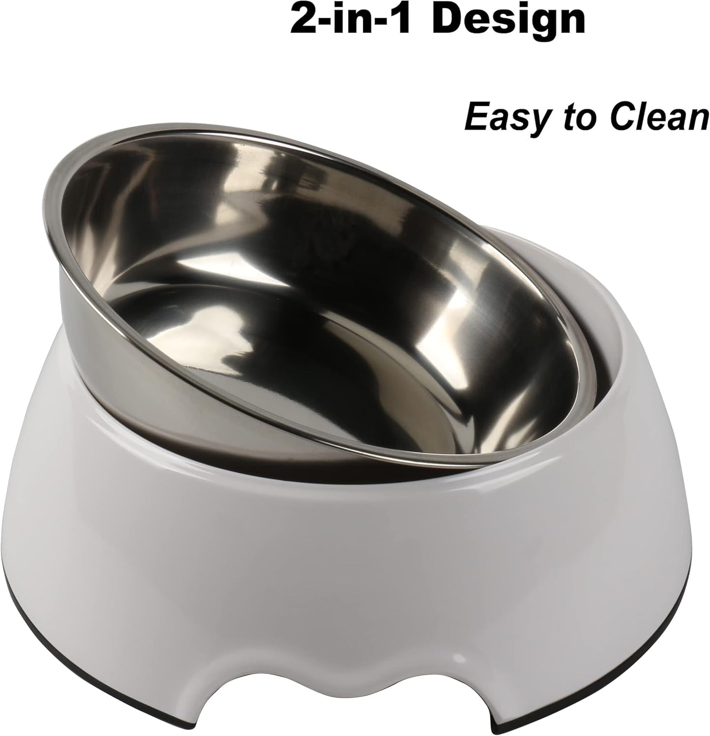Melamine Plastic Dog Food Bowl, Non Skid Base，Anti-Slip Pet Feeder Bowls, 2-in-1 Removable Stainless Steel Pet Feeder Holder for Dogs and Cats (14oz 6.89in*2.24 in, White)