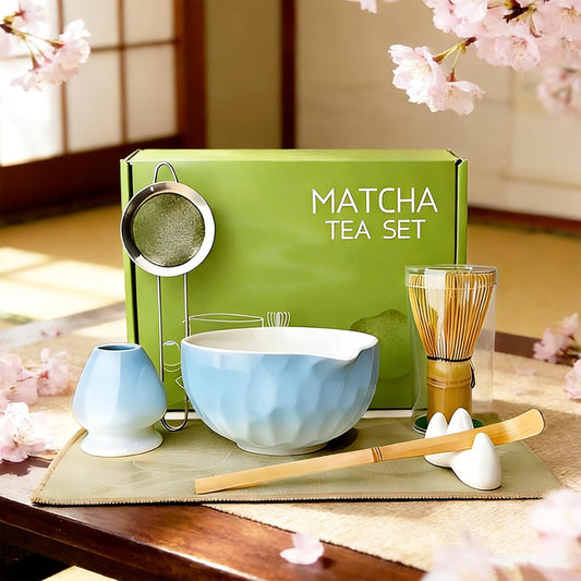 Matcha Whisk Set – Ceramic Matcha Bowl with Pour Spout, Bamboo Whisk, Whisk Holder, Scoop, Sifter – Japanese Matcha Kit for Beginners (Gradient Blue)